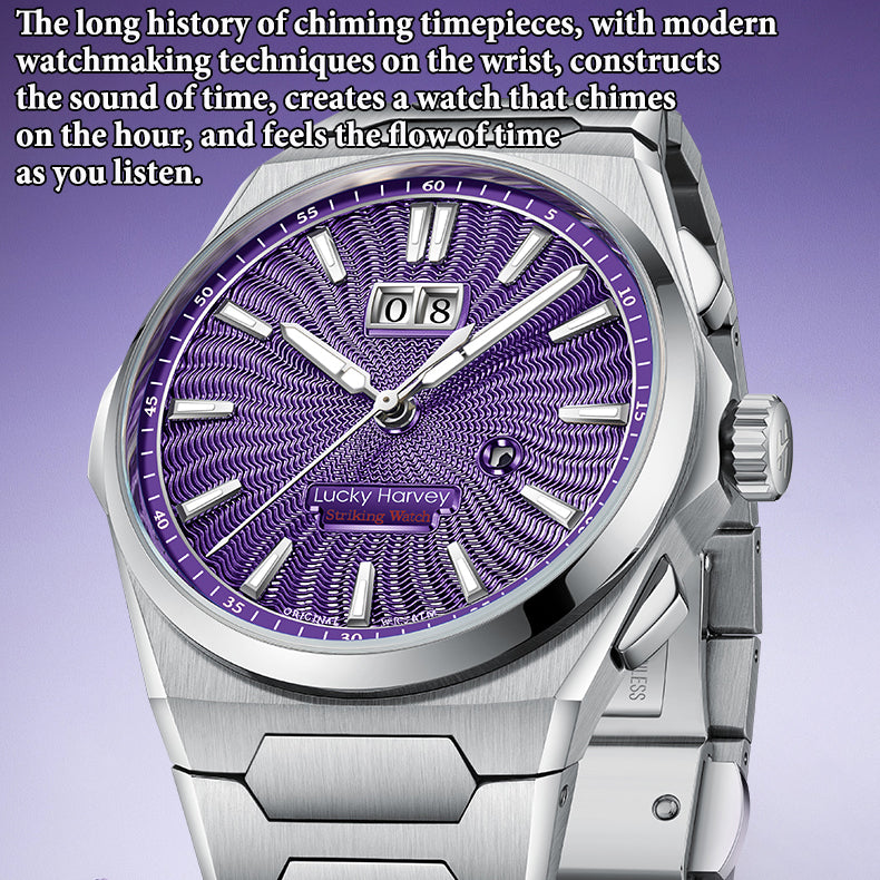 【Édition limitée 300 pièces】Sound Of Nature Guilloché Cadran violet Grande date Montre automatique à carillon Lucky Harvey