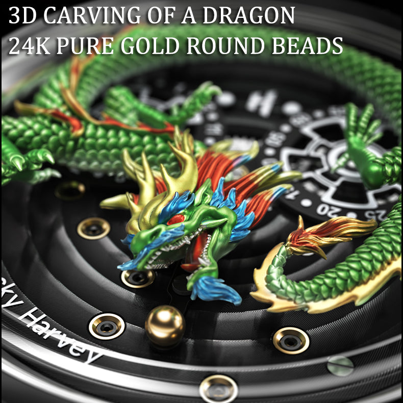 Silver Dragon Automatic Watch Spit Out Gold Bead Luminous Lucky Harvey