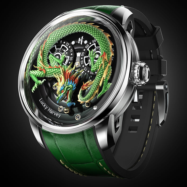 Silver Dragon Automatic Watch Spit Out Gold Bead Luminous Lucky Harvey