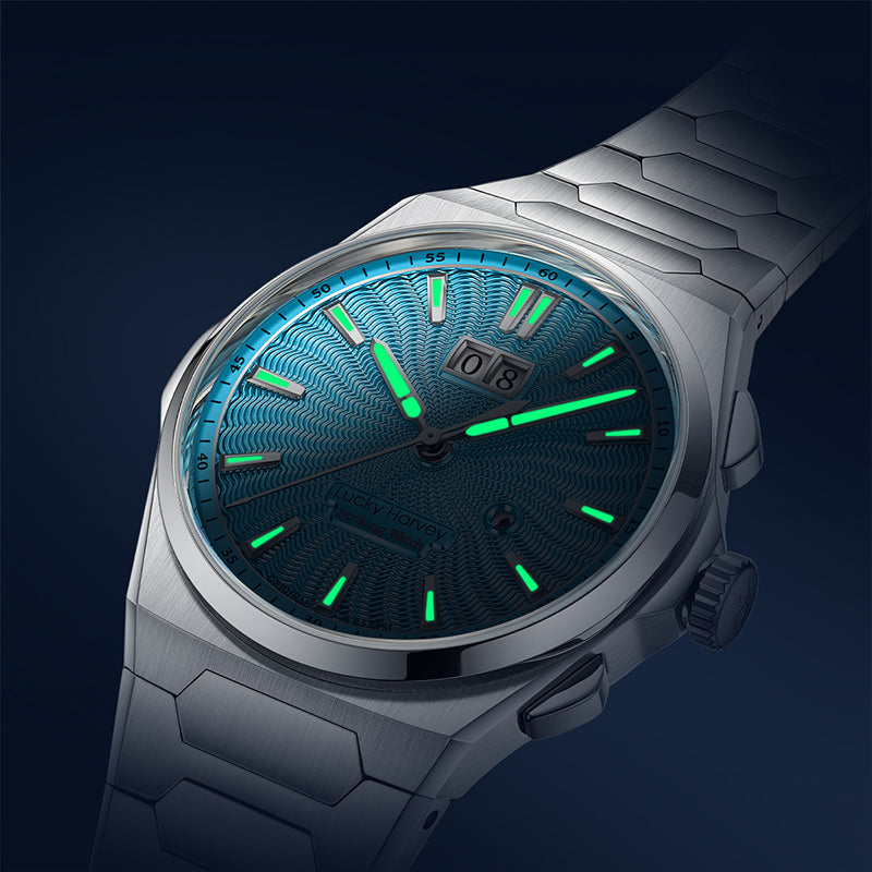 【Édition limitée 300 pièces】Sound Of Nature Guilloché Cadran bleu glacier Montre automatique à grande date Lucky Harvey