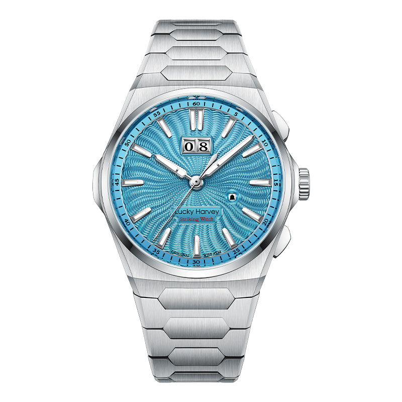 【Édition limitée 300 pièces】Sound Of Nature Guilloché Cadran bleu glacier Montre automatique à grande date Lucky Harvey