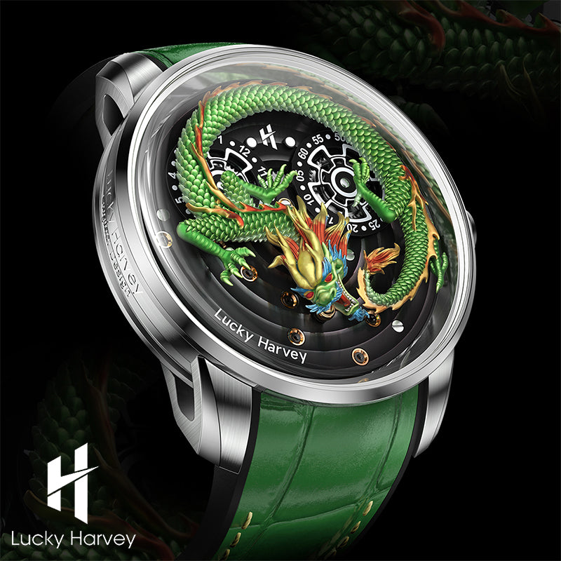 Silver Dragon Automatic Watch Spit Out Gold Bead Luminous Lucky Harvey