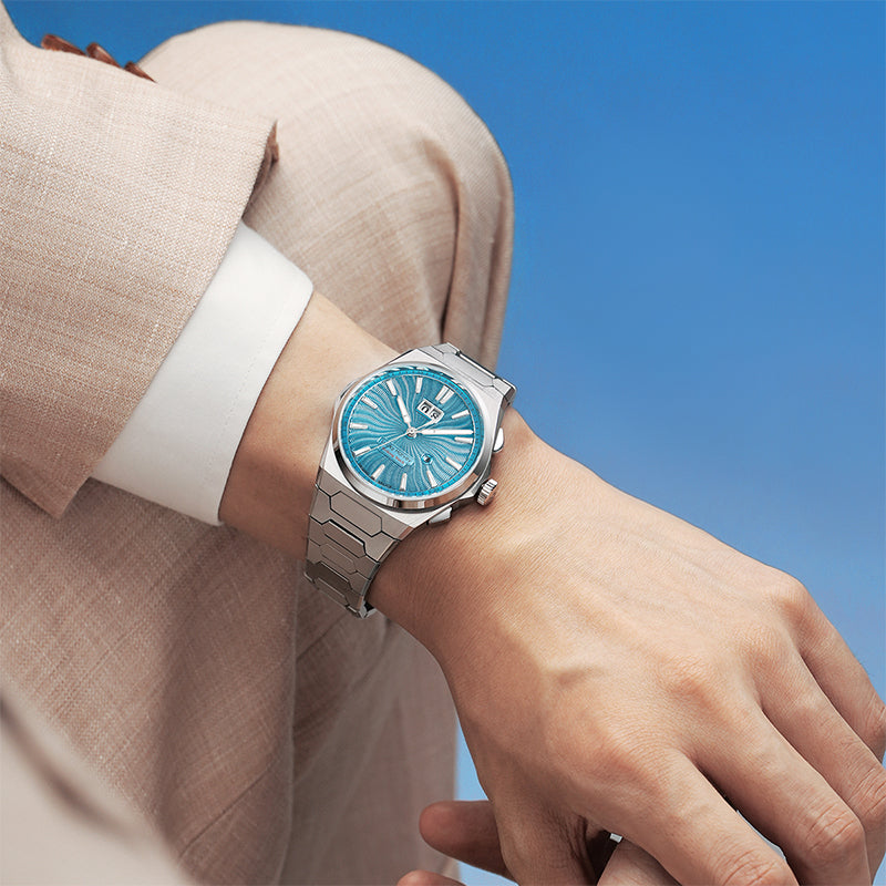 【Édition limitée 300 pièces】Sound Of Nature Guilloché Cadran bleu glacier Montre automatique à grande date Lucky Harvey