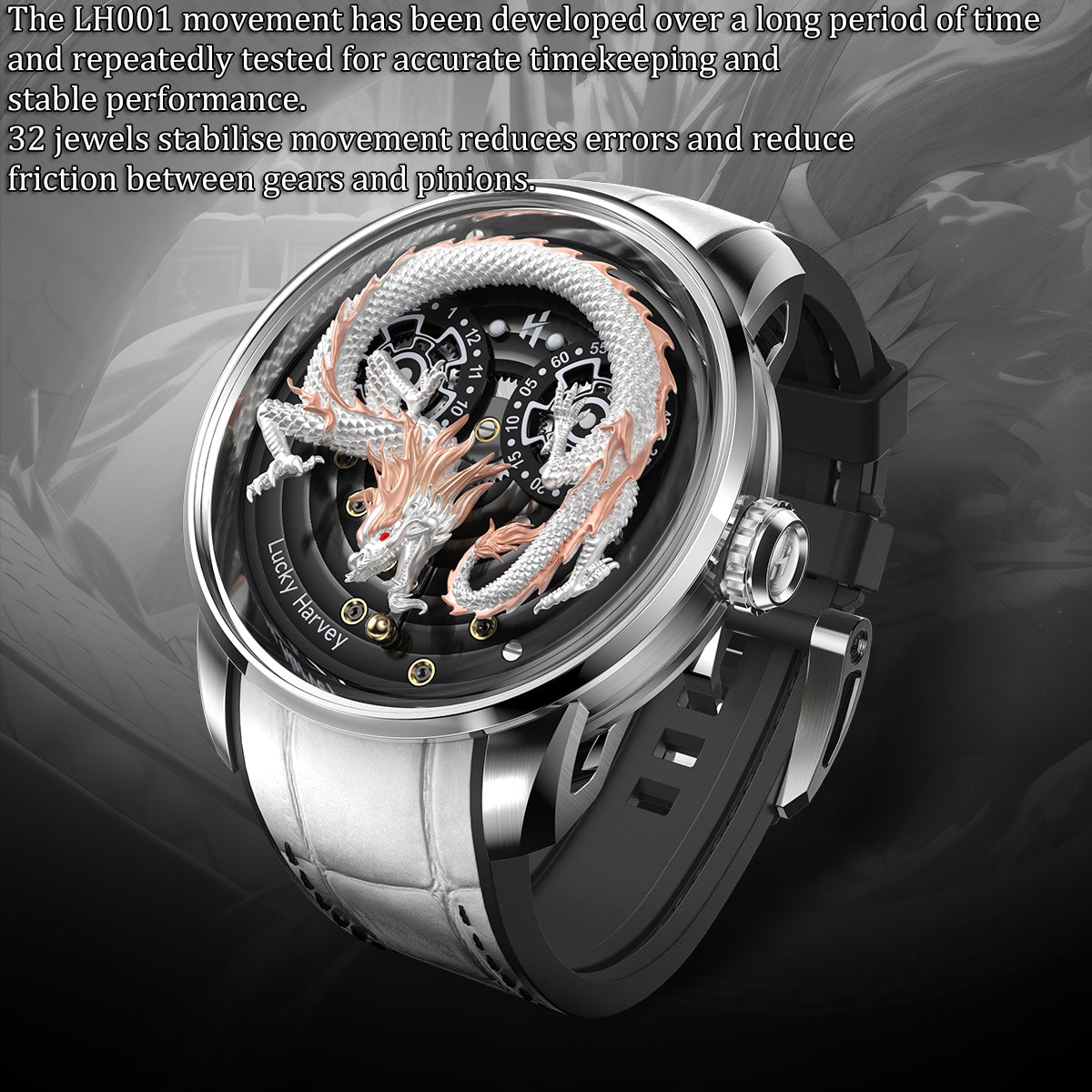 White Dragon Automata Watch 999 Gold Bead Luminous Lucky Harvey