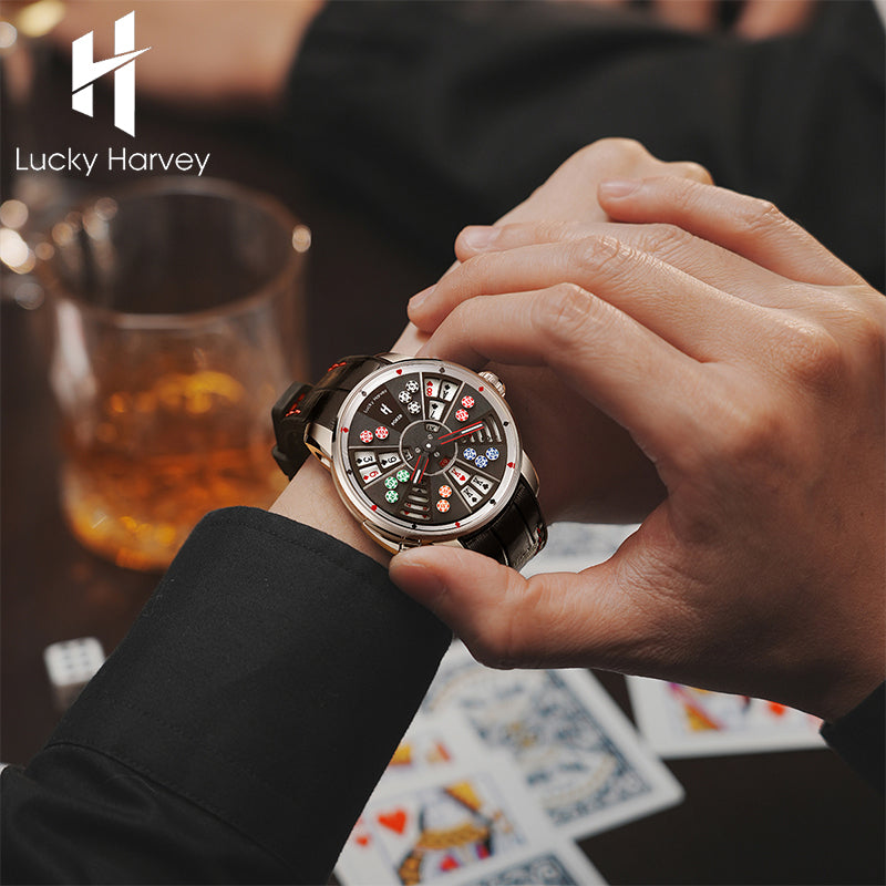 Montre automatique de poker à trois cartes en argent de la série Player de Lucky Harvey