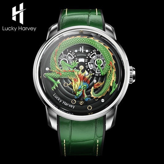 Montre automatique Green Dragon avec boîtier rond et lumineuse Lucky Harvey