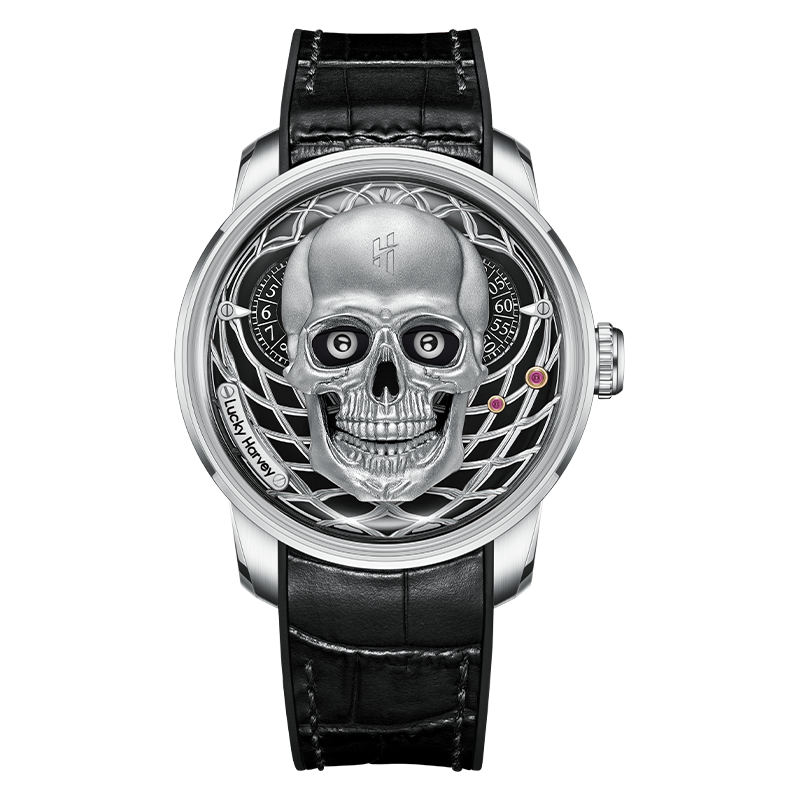 【Edición limitada de 111 piezas】Reloj con mecanismo automático de calavera plateada Lucky Harvey