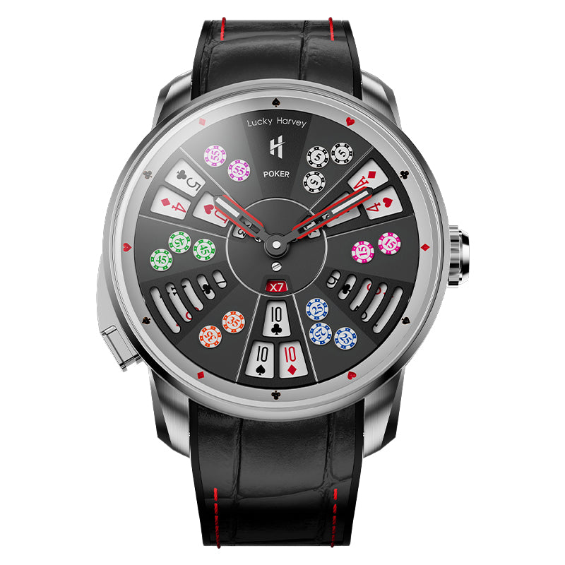 Montre automatique de poker à trois cartes en argent de la série Player de Lucky Harvey