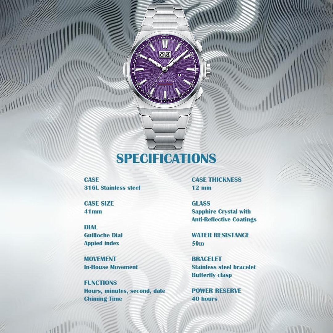 【Édition limitée 300 pièces】Sound Of Nature Guilloché Cadran violet Grande date Montre automatique à carillon Lucky Harvey