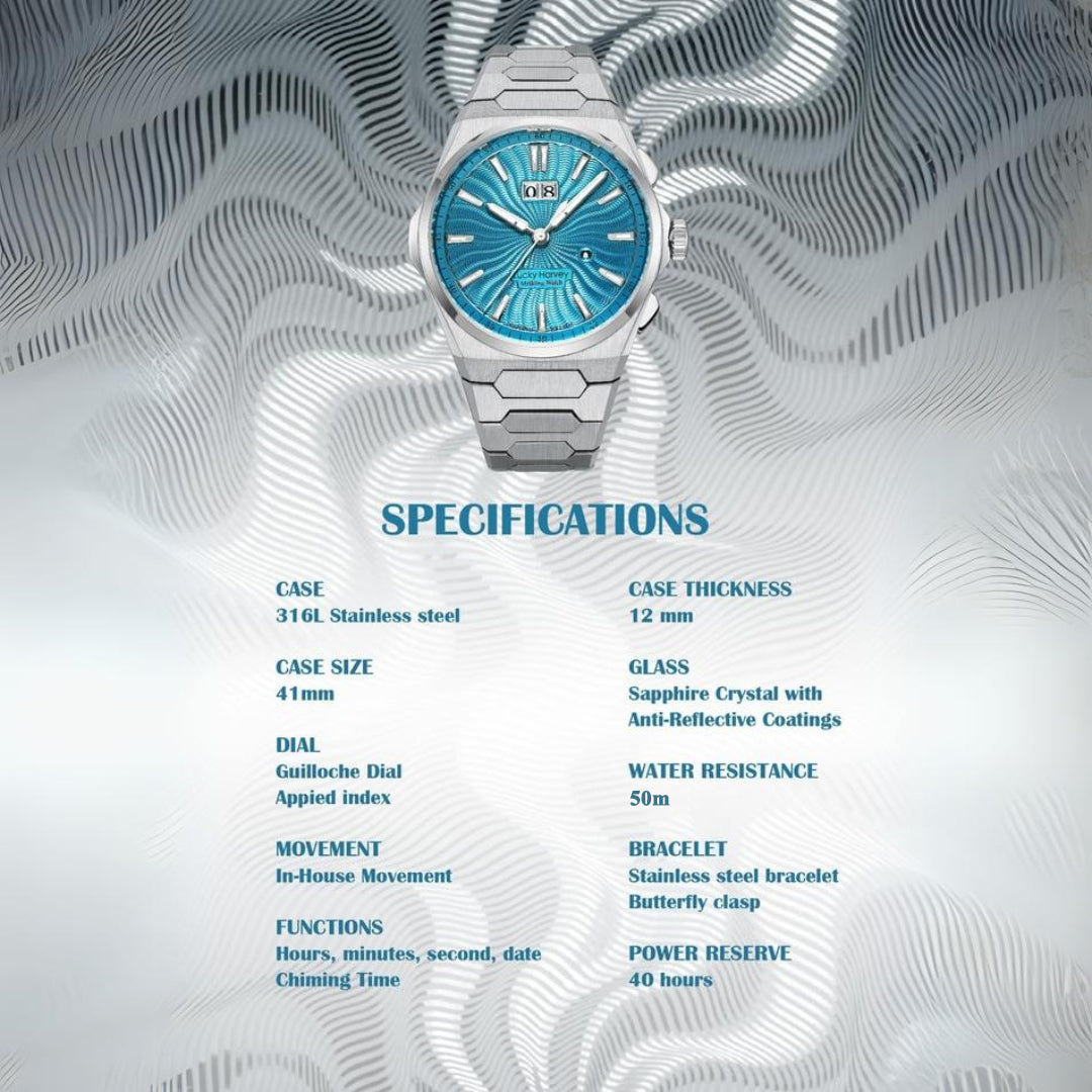 【Édition limitée 300 pièces】Sound Of Nature Guilloché Cadran bleu glacier Montre automatique à grande date Lucky Harvey