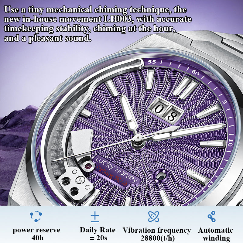 【Édition limitée 300 pièces】Sound Of Nature Guilloché Cadran violet Grande date Montre automatique à carillon Lucky Harvey