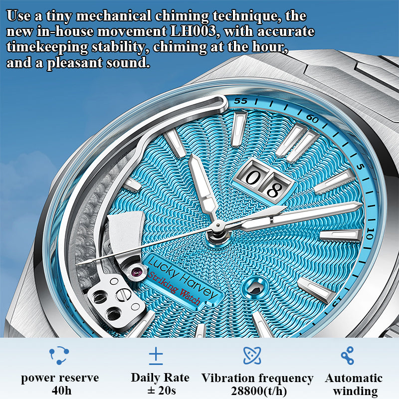 【Édition limitée 300 pièces】Sound Of Nature Guilloché Cadran bleu glacier Montre automatique à grande date Lucky Harvey