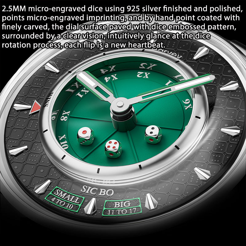 Reloj automático Sic Bo verde de la serie Player de Lucky Harvey