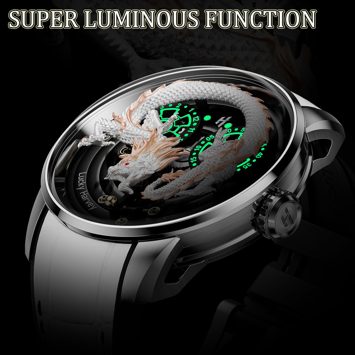 White Dragon Automata Watch 999 Gold Bead Luminous Lucky Harvey