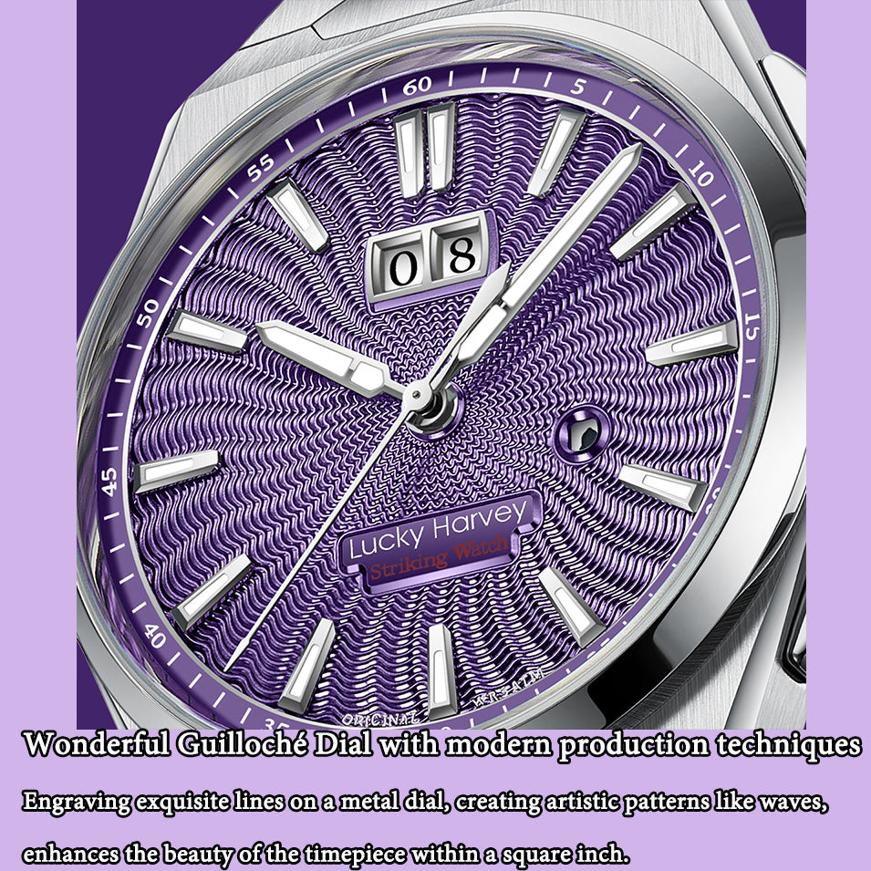 【Édition limitée 300 pièces】Sound Of Nature Guilloché Cadran violet Grande date Montre automatique à carillon Lucky Harvey