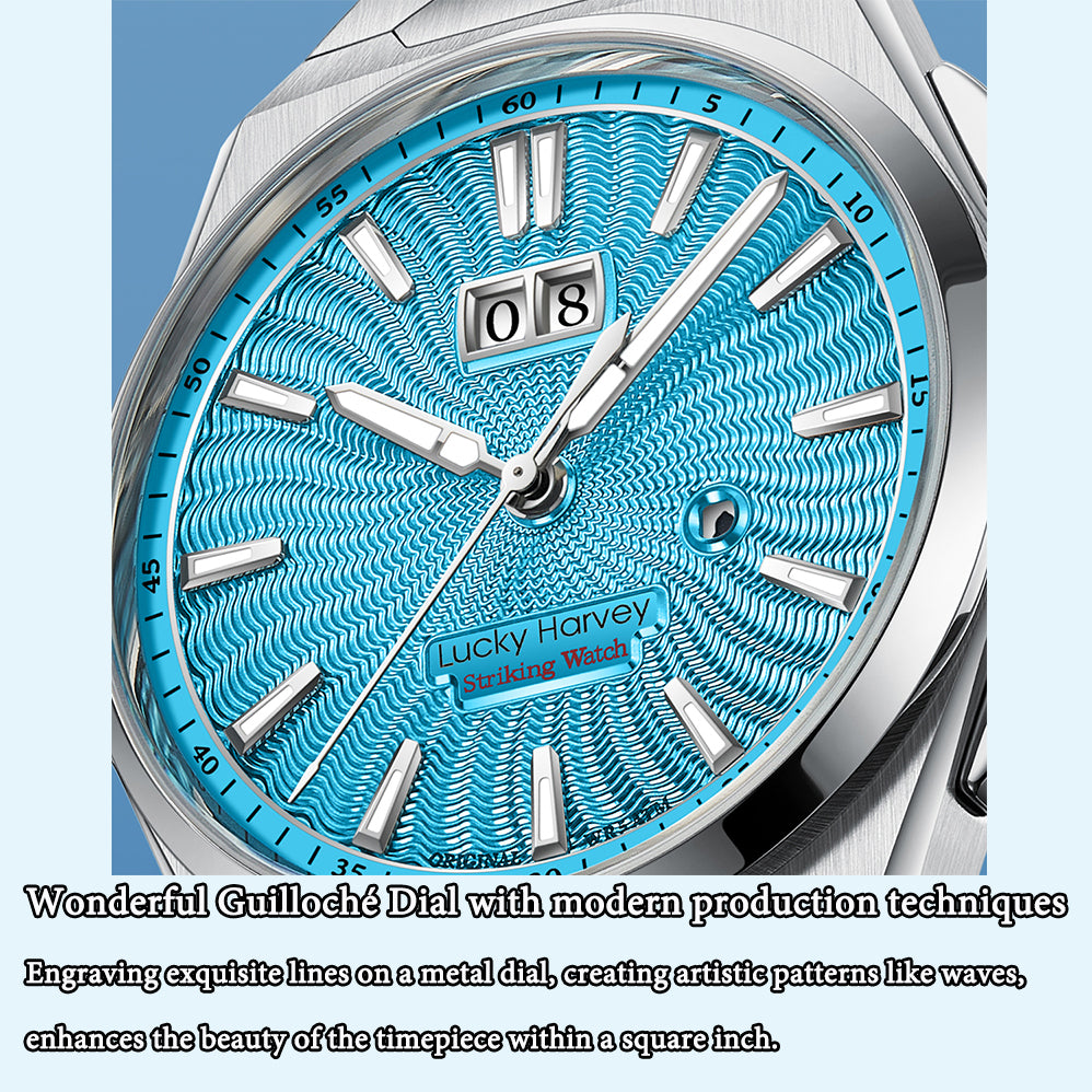 【Édition limitée 300 pièces】Sound Of Nature Guilloché Cadran bleu glacier Montre automatique à grande date Lucky Harvey
