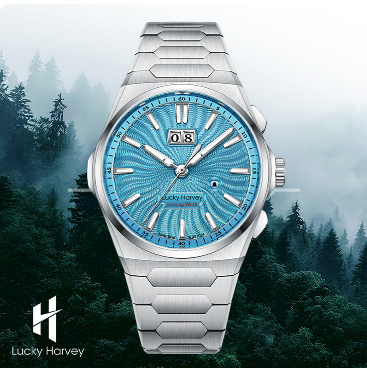 【Édition limitée 300 pièces】Sound Of Nature Guilloché Cadran bleu glacier Montre automatique à grande date Lucky Harvey