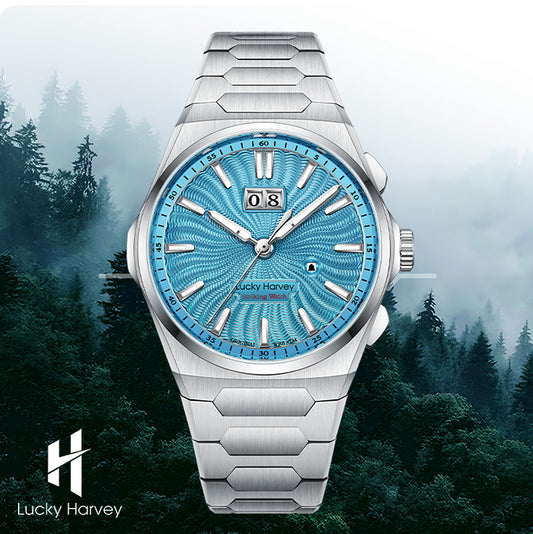 【Limited Edition 300PCS】Sound Of Nature Guilloché Ice Blue Dial Big Date Chiming Automatic Watch Lucky Harvey