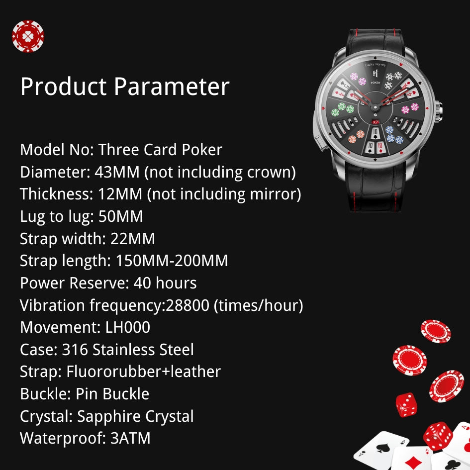 Montre automatique de poker à trois cartes en argent de la série Player de Lucky Harvey