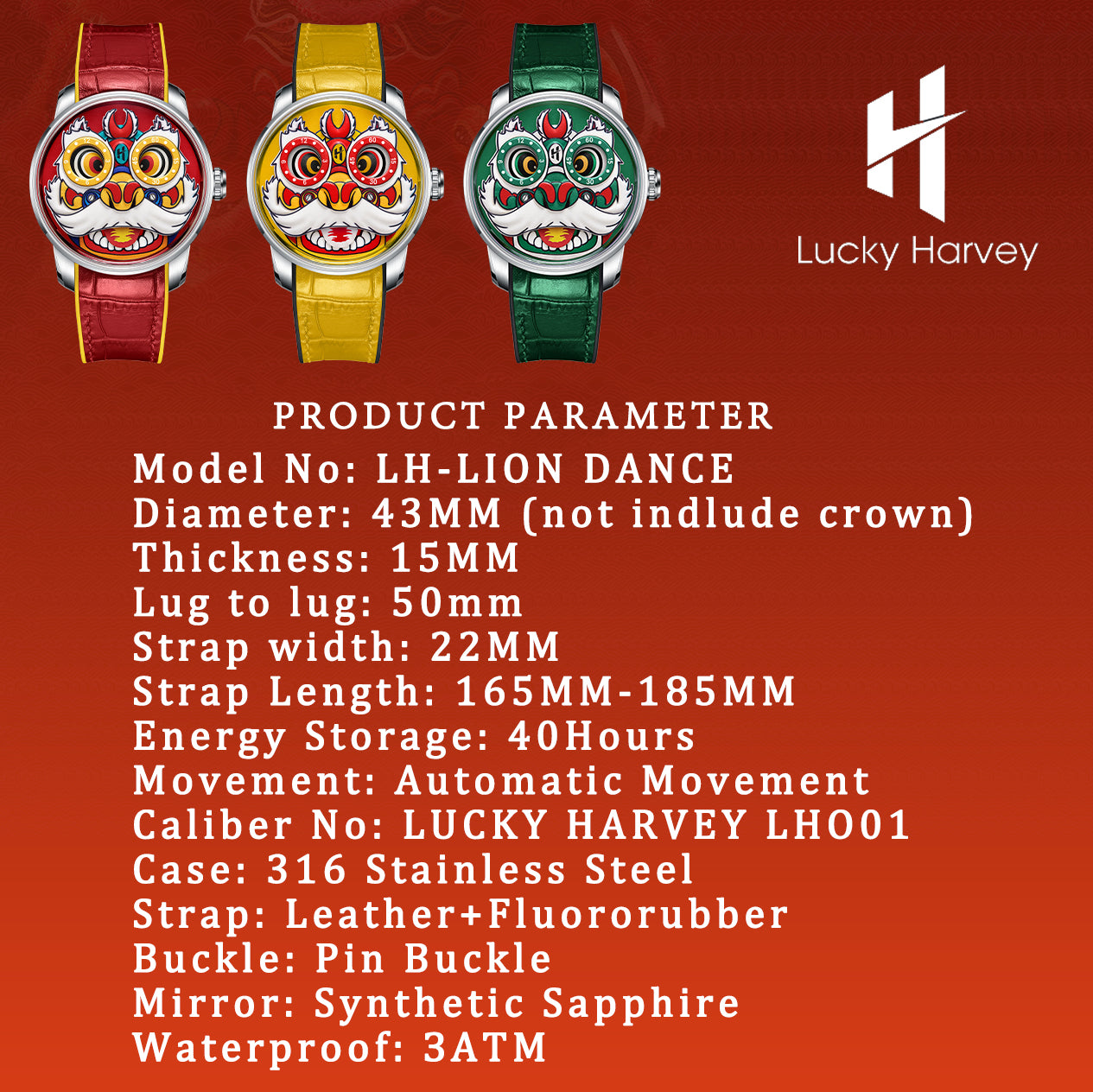 Red Lion Dance Moving Eye Automatic LH001 Movement Luminous Watch For Men Lucky Harvey