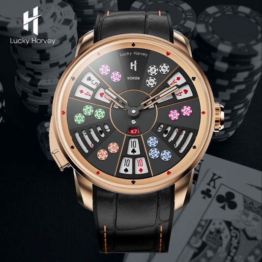 Montre automatique de poker à trois cartes en or de la série Player de Lucky Harvey
