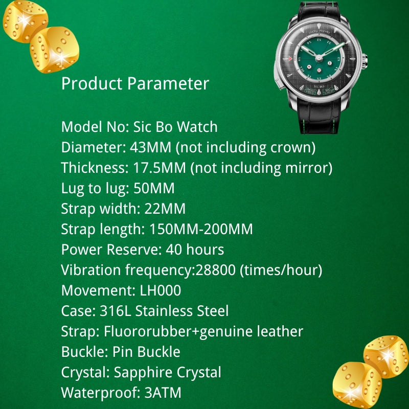 Reloj automático Sic Bo verde de la serie Player de Lucky Harvey