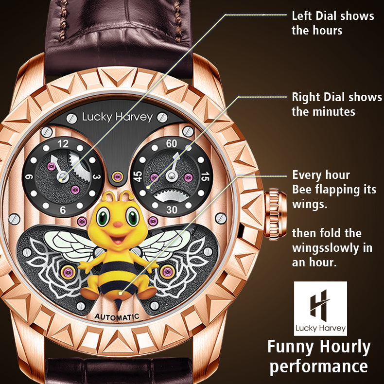 Left Dial shows the hours,Right Dial shows the minutes,Every hour Bee flapping its wings,then fold the wingsslowly in an hour.