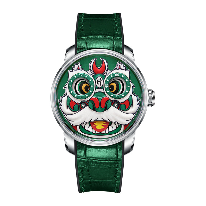 Reloj automático con movimiento de ojos móviles Green Lion Dance LH001 para hombre Lucky Harvey