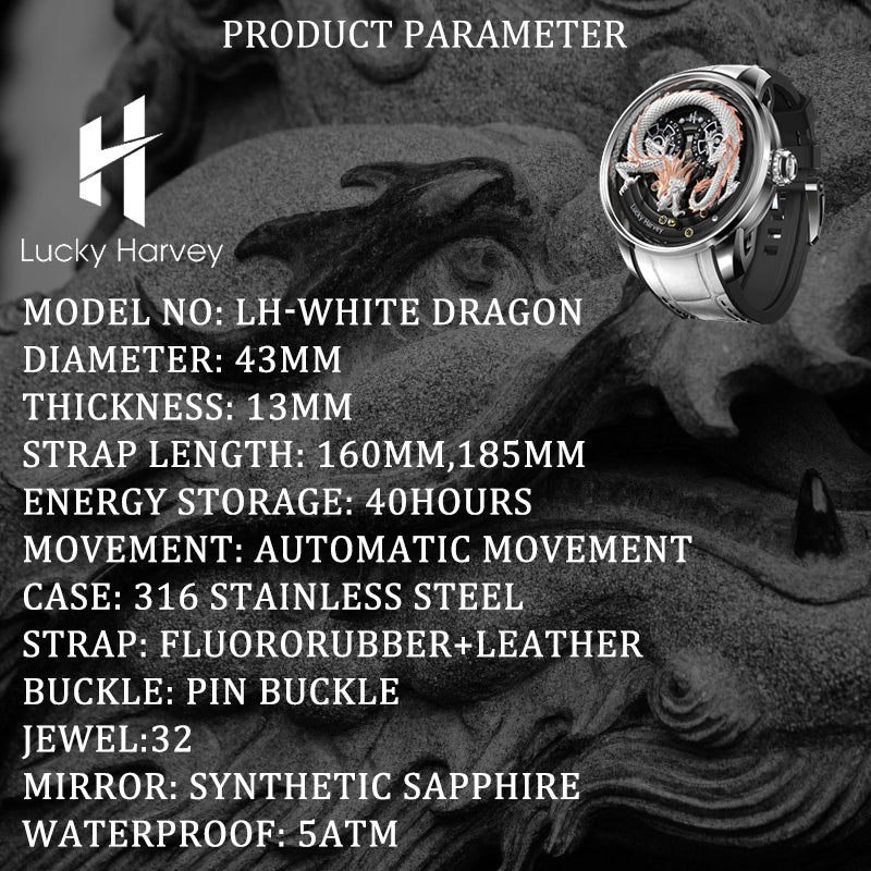 White Dragon Automata Watch 999 Gold Bead Luminous Lucky Harvey