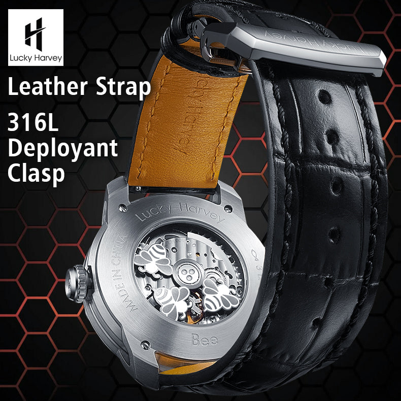 bee back cover Leather Strap 316L Deployant Clasp