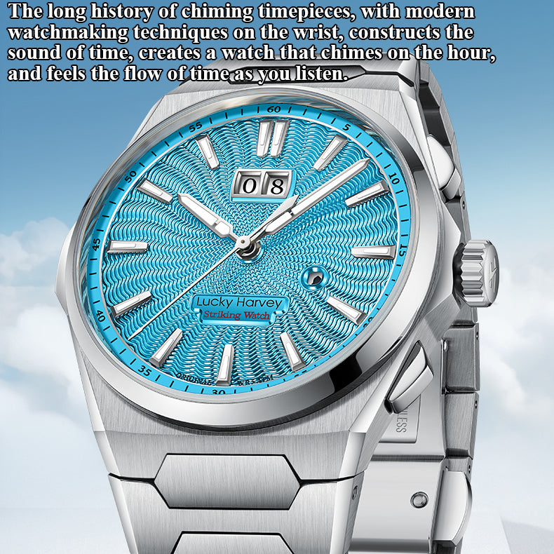 【Limited Edition 300PCS】Sound Of Nature Guilloché Ice Blue Dial Big Date Chiming Automatic Watch Lucky Harvey