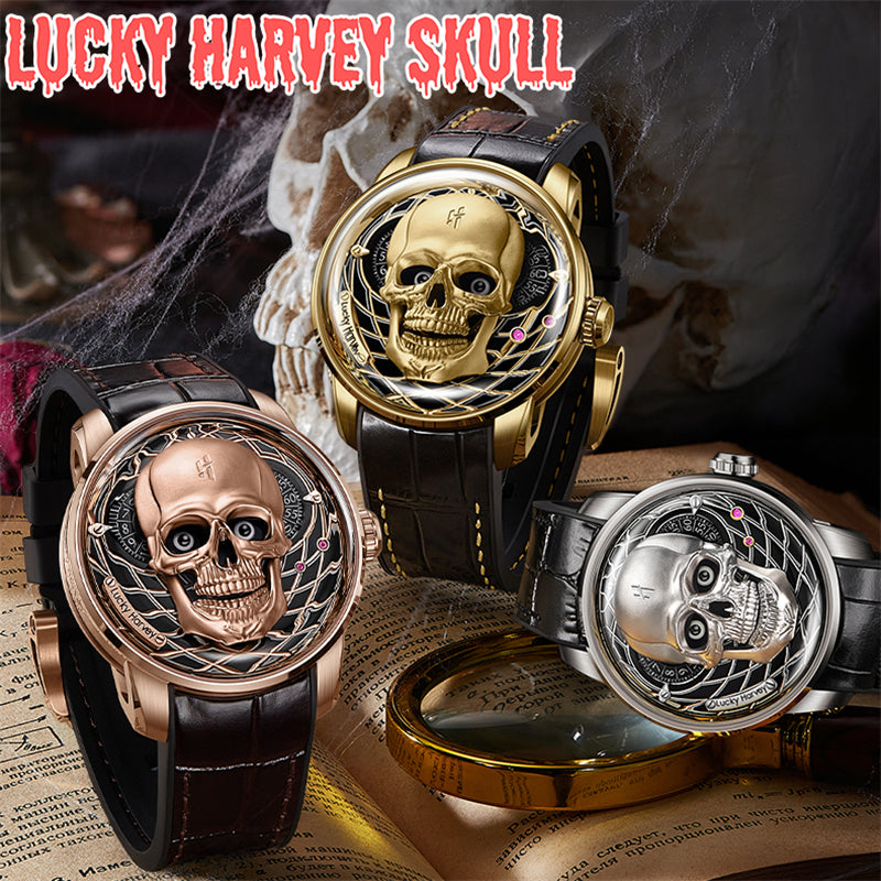 【Édition limitée 111 pièces】Montre à mécanisme automatique en or rose avec tête de mort Lucky Harvey