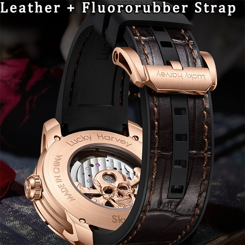 【Édition limitée 111 pièces】Montre à mécanisme automatique en or rose avec tête de mort Lucky Harvey