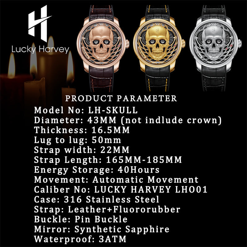 【Édition limitée 111 pièces】Montre à mécanisme automatique en forme de crâne argenté Lucky Harvey