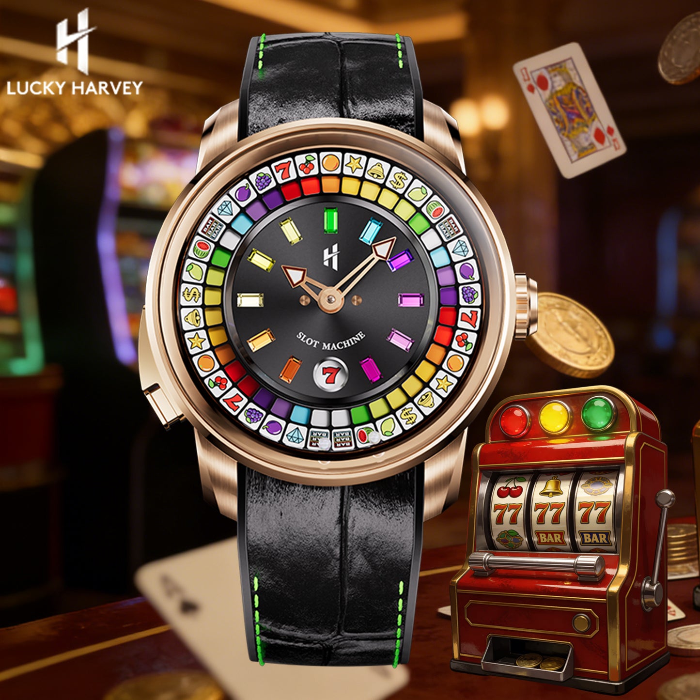 【Limited 100pcs】Lucky Harvey Player Series Gemstone Hour Markers Gold Slot Machine Watch