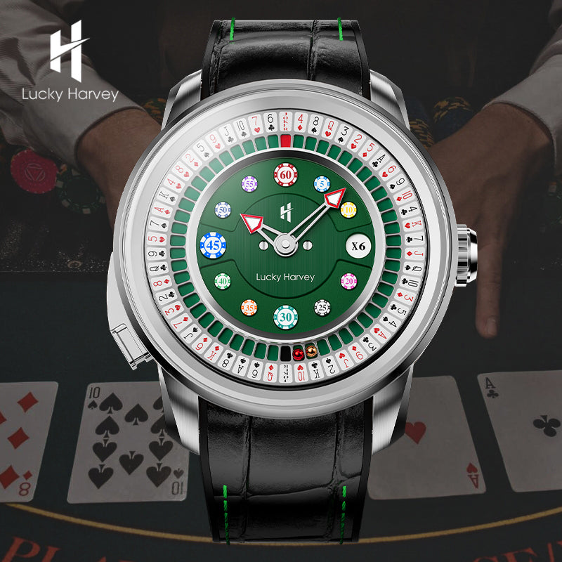 Reloj automático Player Series Silver Poker Roulette de Lucky Harvey