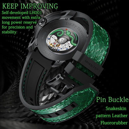 KEEP IMPROVING Self-developed LHO01 movement with extralong power reserve for precision and stability.Pin Buckle Snakeskin pattern Leather Fluororubber