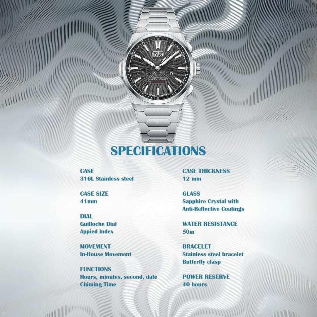 【Édition limitée 300 pièces】Sound Of Nature Guilloché Cadran noir Grande date Montre automatique à carillon Lucky Harvey