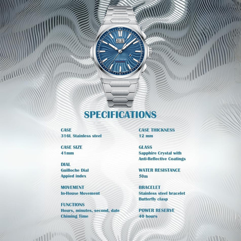 【Édition limitée 300 pièces】Sound Of Nature Guilloché Ocean Blue Dial Big Date Chiming Montre automatique Lucky Harvey