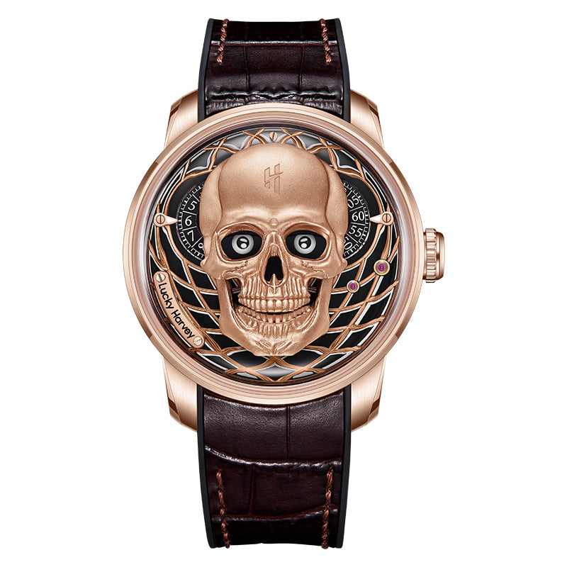 【Édition limitée 111 pièces】Montre à mécanisme automatique en or rose avec tête de mort Lucky Harvey