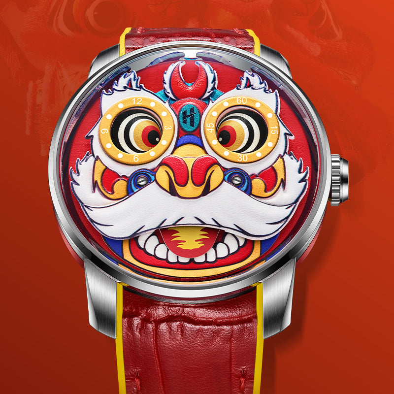 Montre automatique à mouvement automatique LH001 pour homme Lucky Harvey avec œil mobile et danse du lion jaune