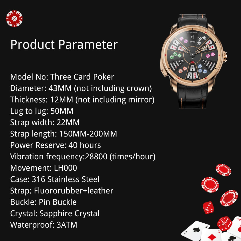 Montre automatique de poker à trois cartes en or de la série Player de Lucky Harvey