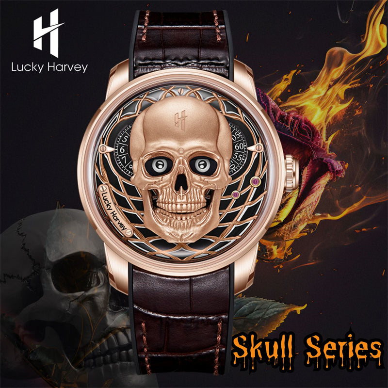 【Édition limitée 111 pièces】Montre à mécanisme automatique en or rose avec tête de mort Lucky Harvey