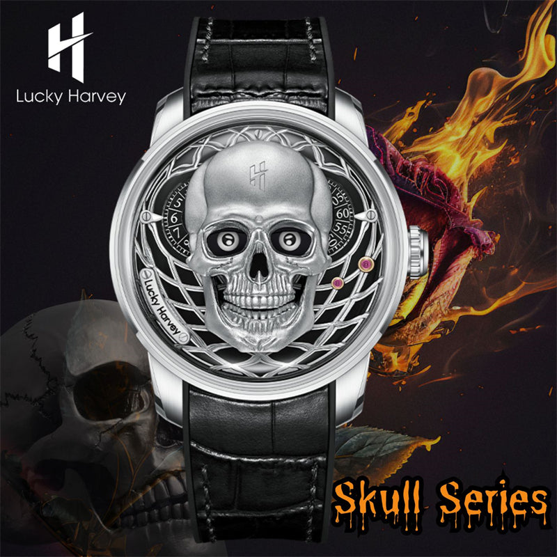 【Édition limitée 111 pièces】Montre à mécanisme automatique en forme de crâne argenté Lucky Harvey