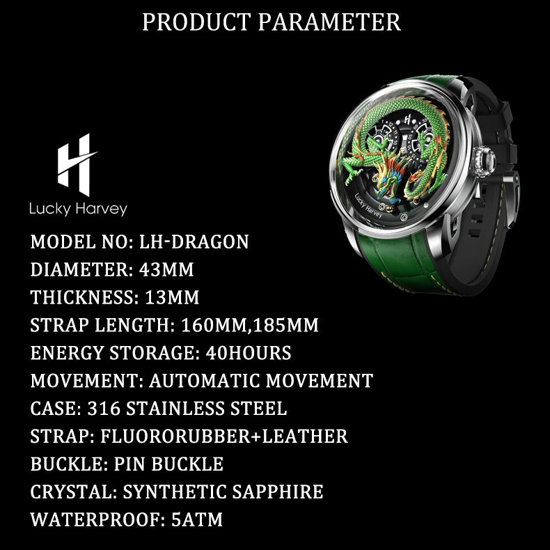 Green Dragon Automatic Watch Spit out Gold Bead Luminous Lucky Harvey