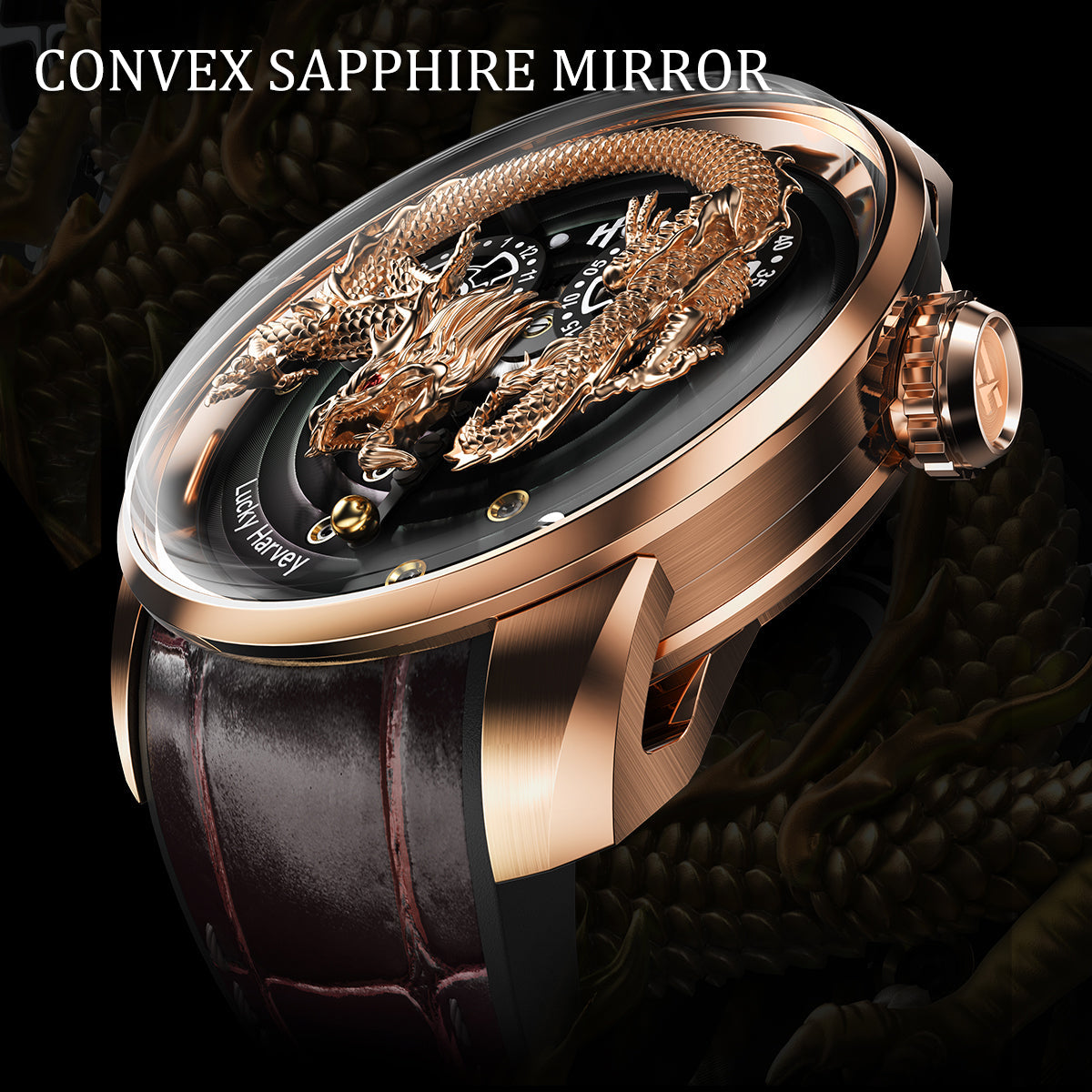 Gold Dragon Automatic Watch Round Shaped Case Luminous Lucky Harvey LUCKY HARVEY