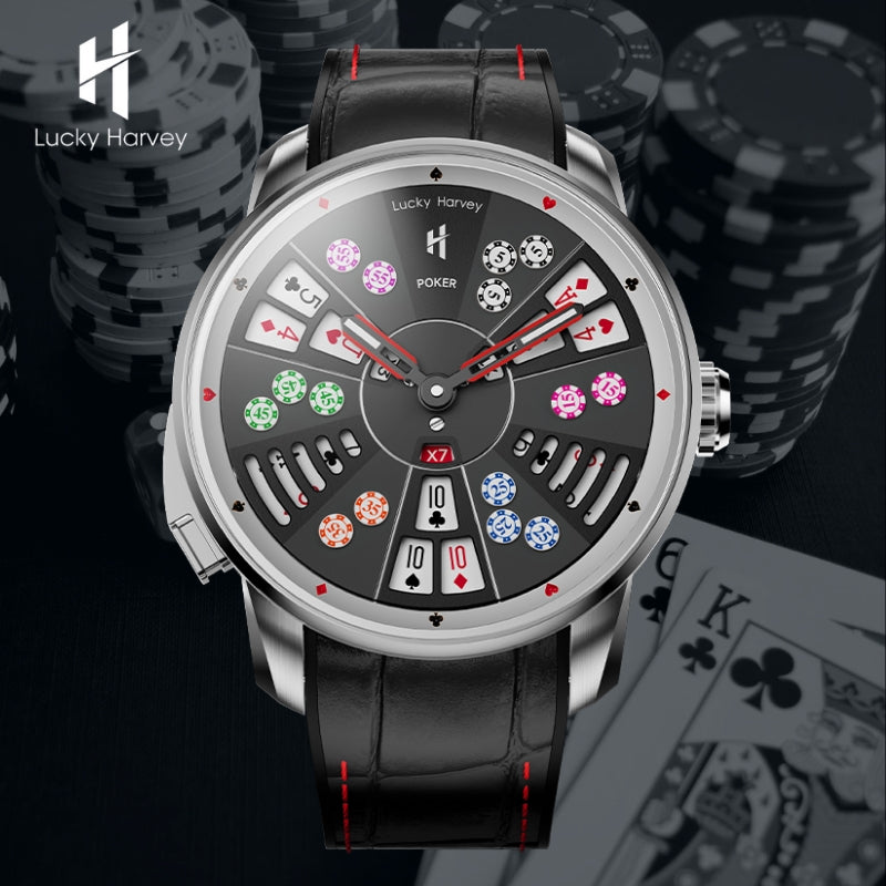 Reloj automático de póquer de tres cartas plateado de la serie Player de Lucky Harvey