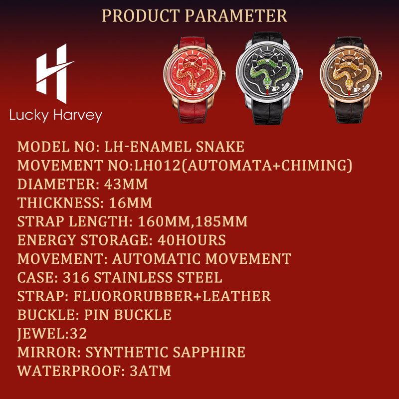 【Edición limitada de 100 piezas】Reloj mecánico con carillón automático de serpiente esmaltado en oro 2025 Lucky Harvey