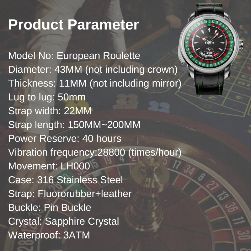 Lucky Harvey Silver European Roulette Casino Watch with 18K Gold Ball – Automatic Mechanical Luxury Watch