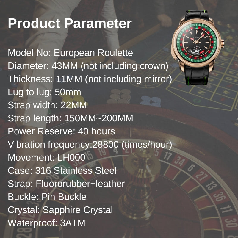 Lucky Harvey European Roulette Casino Watch with 18K Gold Ball – Automatic Mechanical Luxury Watch